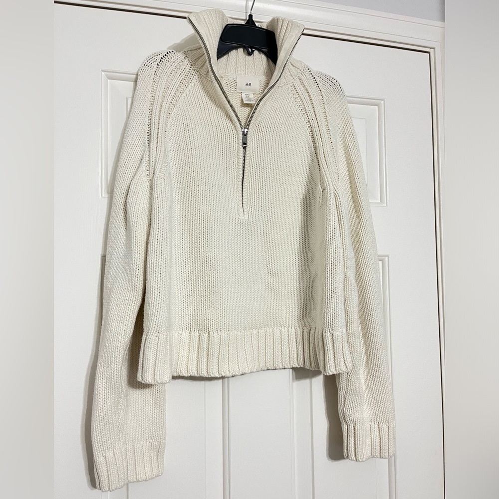 Cream white cotton sweater 3/4 quarter zip